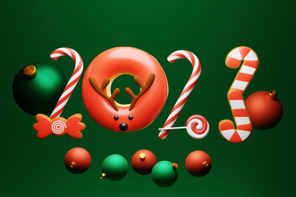 2023年源于姜饼曲奇、多纳特和绿色背景糖果。圣诞快乐，新年快乐3D渲染图片下载