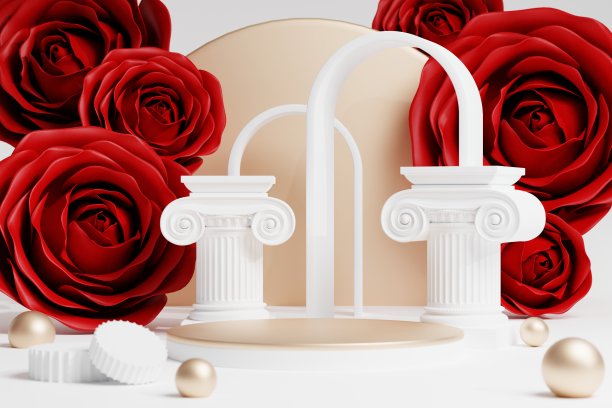 3d背景产品情人节领奖台与玫瑰背景3d与圆柱体。展示化妆品背景的讲台。图片下载