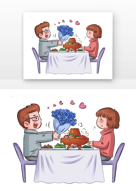 情人节手绘情侣聚餐图片下载