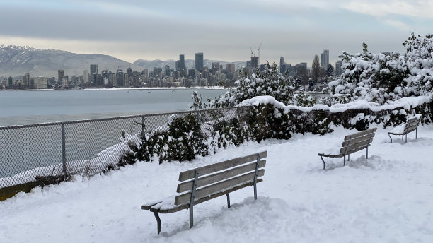 城市冬季天气寒冷，公园景观，城市景观，雪，海冰，冰山，城市海滩，长凳，湖图片下载
