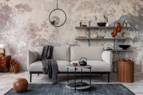 阁楼风格的现代公寓，灰色设计的沙发，大理石咖啡桌，书柜，迂腐的灯，地毯，装饰和优雅的配件。混凝土垃圾墙。模板。图片下载