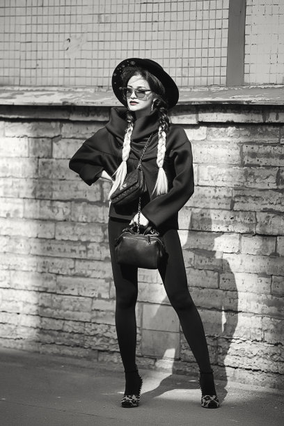 黑白形象时尚的年轻女子模特墨镜和白色的辫子站在城市街道上穿着黑色的衣服和帽子。生活方式肖像女士户外。时尚风格概念。本空间图片下载