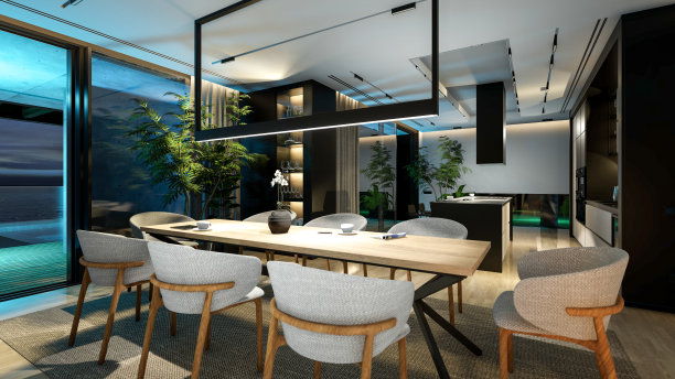 现代舒适的室内3d渲染，在夜间有客厅、餐厅、楼梯和厨房图片下载