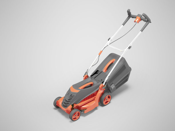 三维插图的红色专业电动割草机与草地捕手在灰色背景与阴影图片下载