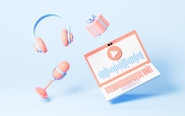 蓝色背景上的笔记本电脑和耳机直播，3d渲染。图片下载