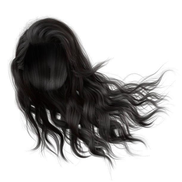 黑色风吹长波头发孤立的白色背景，3D插图，3D渲染图片下载