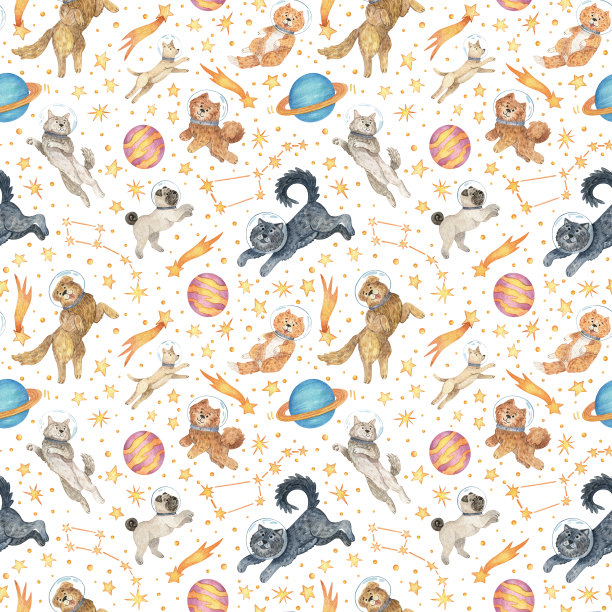 手绘无缝水彩图案在白色背景。 太空插图与恒星，行星和狗宇航员。艺术与斯皮兹，柯基，寻回犬，哈巴狗和梗为设计，包装纸。图片下载