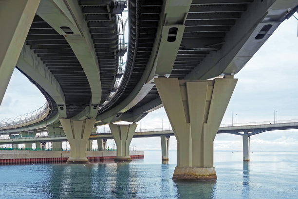 桥上的混凝土柱子的底部视图。桥墩，海面，透视。圣彼得堡，俄罗斯图片下载