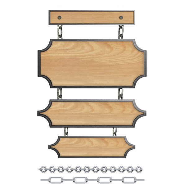 链子上的铭牌，挂在链子上的木制标志，广告和公告的横幅，与背景隔离的目标标志图片下载