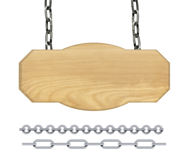 链子上的铭牌，挂在链子上的木制标志，广告和公告的横幅，与背景隔离的目标标志图片下载