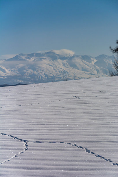 雪山和山顶的火山与蓝色的天空图片下载