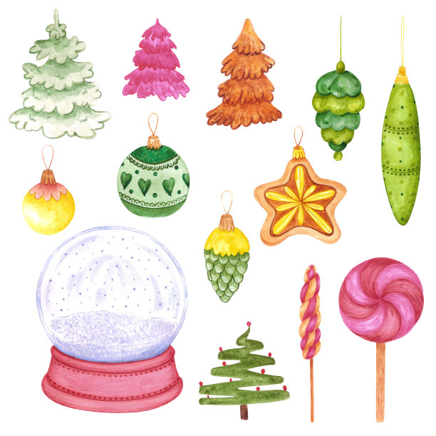 手绘水彩圣诞元素。圣诞和新年的象征，装饰元素。剪贴簿，海报，标签，横幅，明信片。图片下载