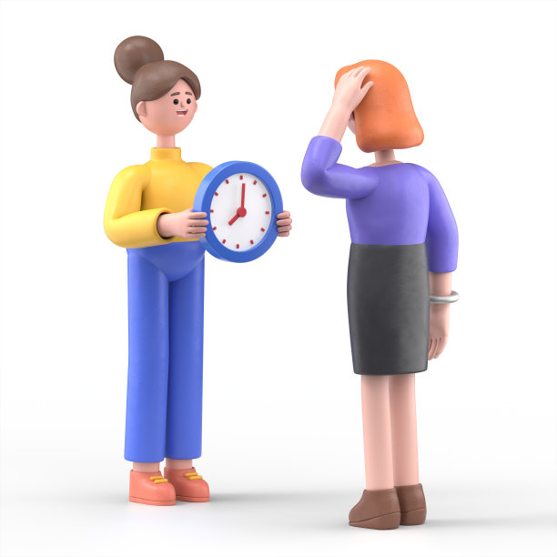 卡通人物向另一个人展示手表的3D插图。在白色背景上的3D渲染。图片下载