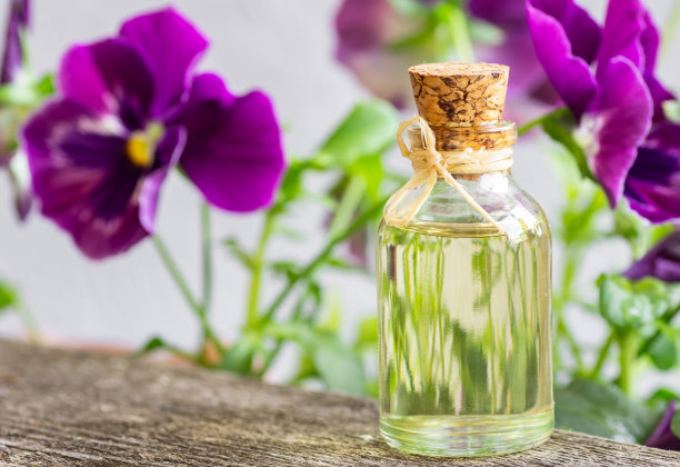 玻璃瓶堇菜精油与新鲜紫罗兰花，美容，替代药物图片下载