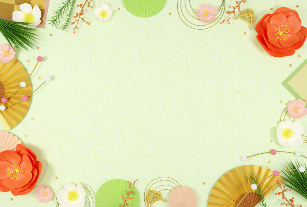 梅花，折扇和其他日本装饰品在一个平面框架的绿色背景3D图片下载