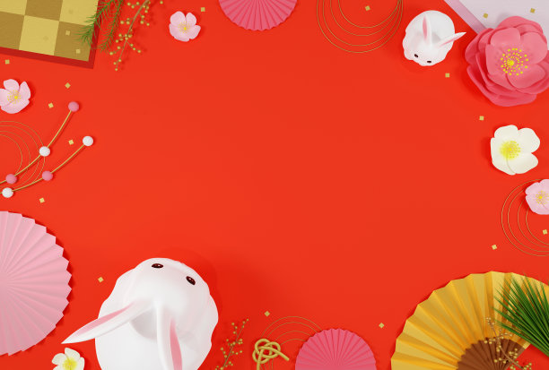 兔年新年卡片材料-一个可爱的兔子在红色背景的3D框架插图与鲜花和风扇的好运气图片下载