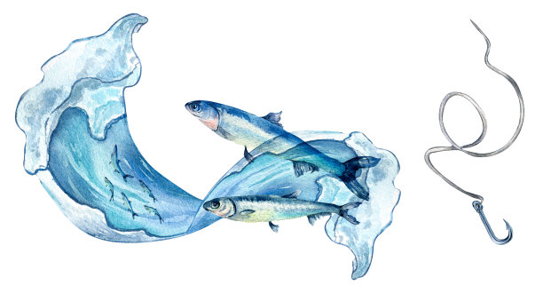 旗帜上的凤尾鱼和海浪水彩画孤立的白色。图片下载