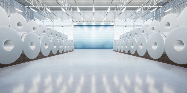 工厂内轧钢，不锈钢或镀锌钢卷的三维渲染。图片下载