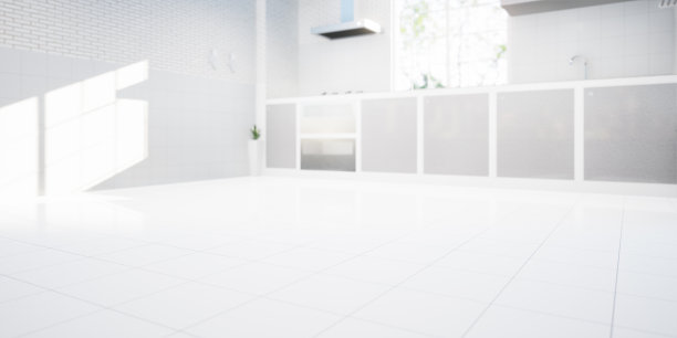 三维渲染厨房房间，瓷砖地板为背景。图片下载