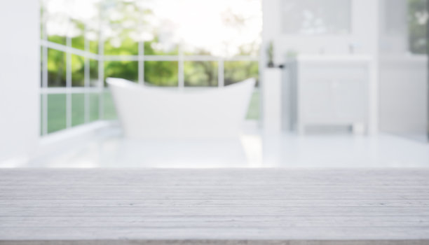 带有模糊浴室的柜台3d渲染。图片下载