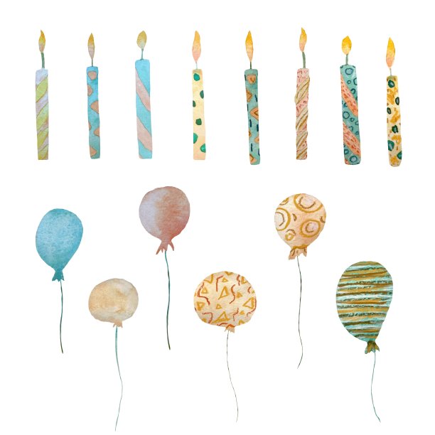 蜡烛气球生日纹理集水彩图片下载