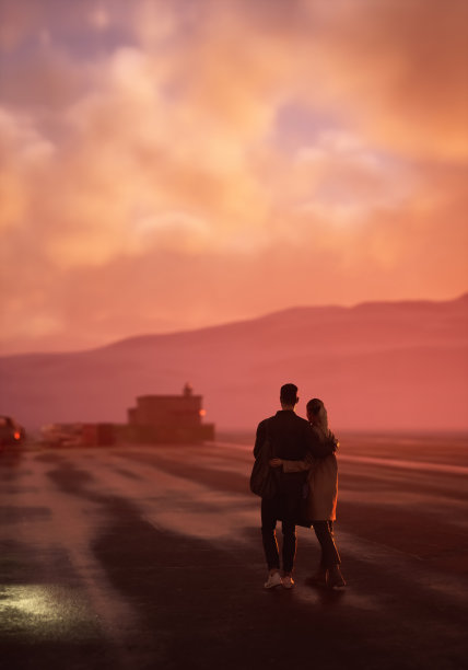 日落时分，一男一女抱着包走在潮湿的路上。后面的观点。3 d渲染。图片下载