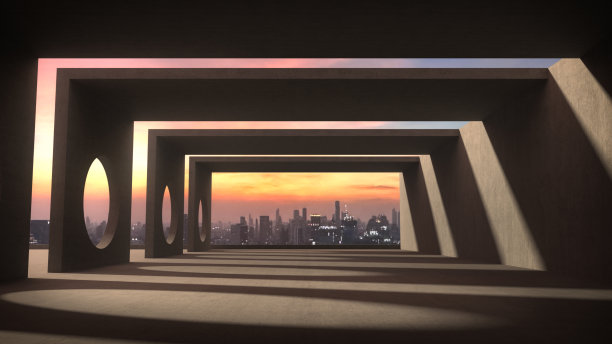 产品空间展示在混凝土走廊上，以城市为背景。图片下载