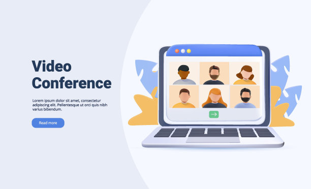 3D视频会议落地。人们电脑屏幕上的同事。视频会议在线会议3D渲染矢量图片下载