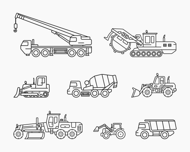 工业施工车辆线条图标集矢量平面插图图片下载