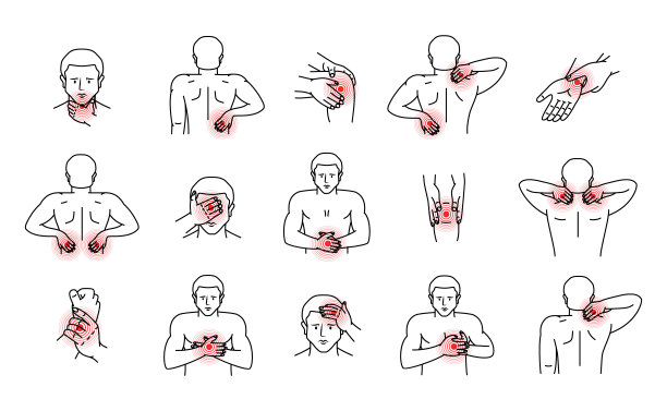 疼痛在人体。头、颈、肩、膝、胸、腹、腕、背、肘痛。关节炎和风湿，关节疼痛的例证。图片下载