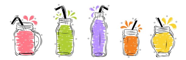 一套无酒精饮料在玻璃瓶和罐子。健康食品或排毒概念图片下载