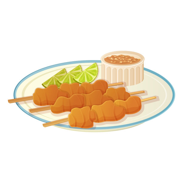 印尼沙爹鸡配花生酱。亚洲食品插图孤立在白色的漫画图片下载