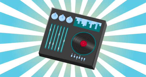 复古音频音乐dj控制台的派对与黑胶唱片老复古潮人极客从70年代，80年代，90年代在蓝光背景图片下载