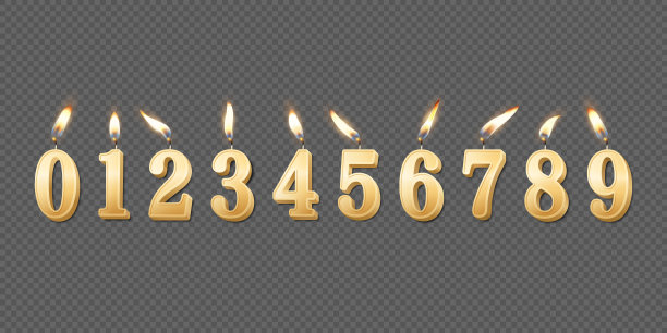 矢量3d现实石蜡或蜡燃烧金色生日派对蜡烛，数字和不同的火焰蜡烛图标集隔离。设计模板，剪贴画，生日概念。俯视图图片下载