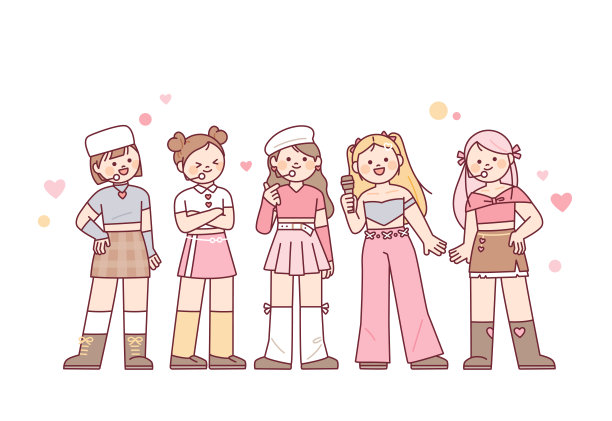 一个可爱的女子团体偶像。成员们戴着麦克风，互相打招呼。图片下载