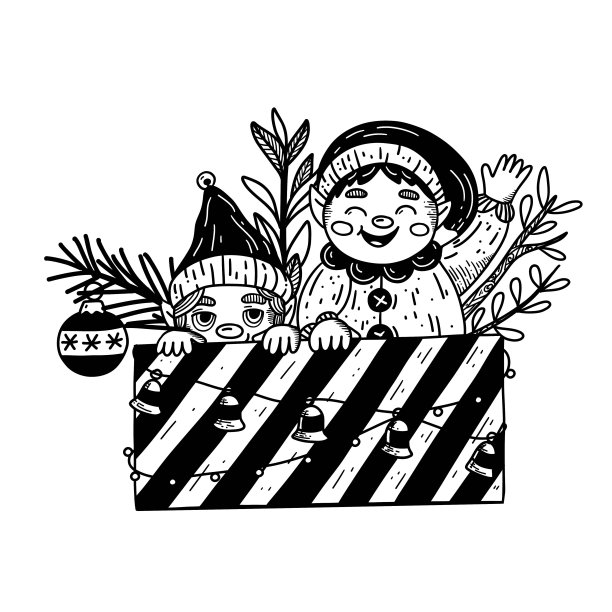 两个精灵躲在一个巨大的礼品盒里。图片下载