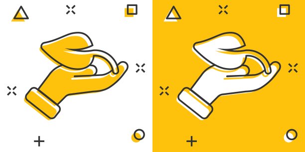 手与植物图标在漫画风格。花萌芽卡通矢量插图在白色孤立的背景。环保飞溅效果标志经营理念。图片下载