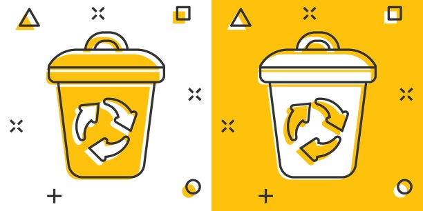 垃圾桶图标在漫画风格。回收卡通矢量插图在白色孤立的背景。垃圾桶飞溅效果招牌经营理念。图片下载