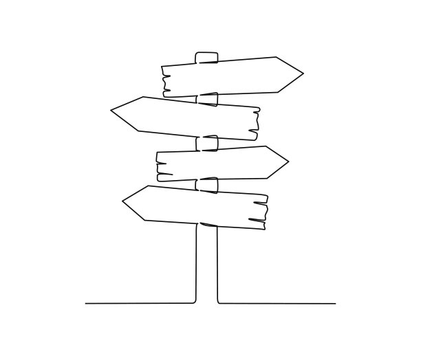 连续一条线绘制道路方向标志箭头。纹理木招牌板信息手绘矢量插图。图片下载