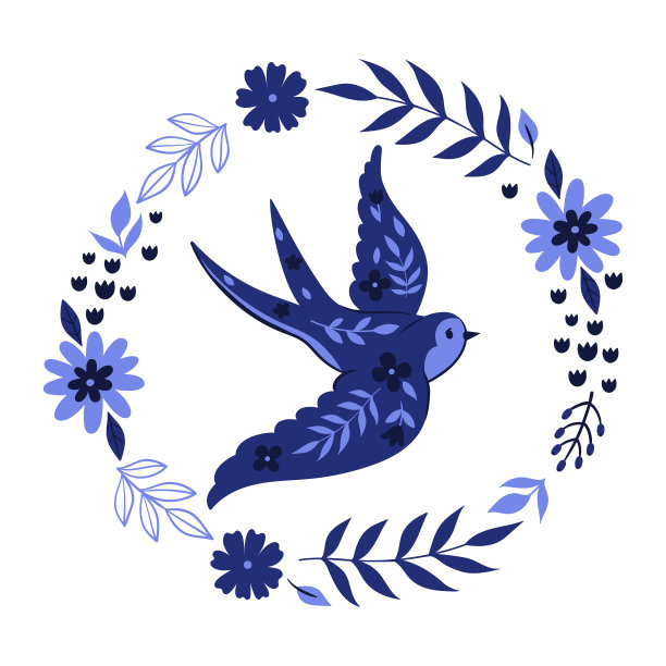 圆形构图，白色背景上有一只蓝色的燕子和花朵。图片下载