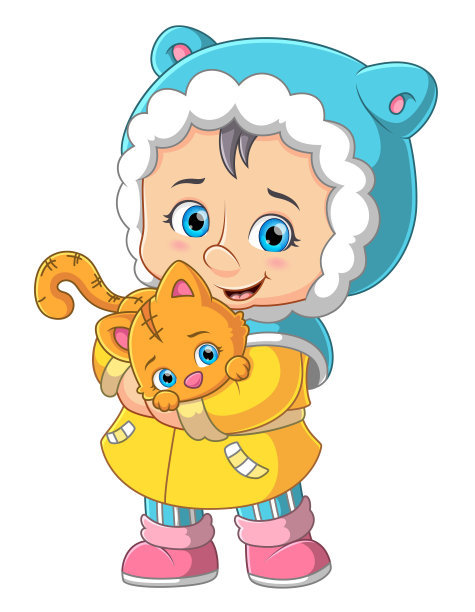 可爱的女孩穿着温暖的衣服和宠物图片下载