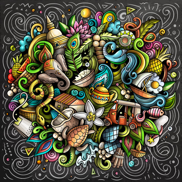 斯里兰卡卡通矢量涂鸦黑板插图图片下载