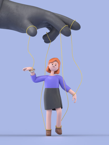 3D插图的微笑欧洲女商人艾伦木偶概念。蓝色背景上的3D渲染。图片下载