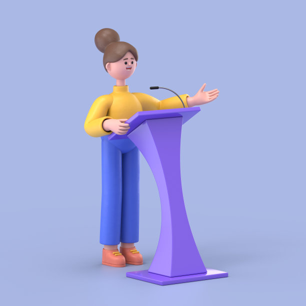 3D插画：微笑的女士安吉拉在会议上发言，蓝色背景上的3D渲染图片下载
