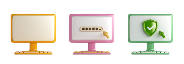 一套电脑显示器键盘卡通风格的白色背景，三维渲染插图图片下载