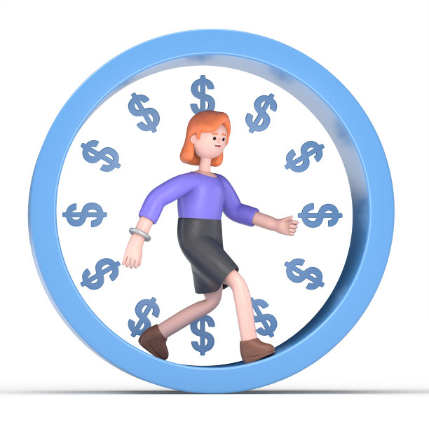 微笑的欧洲女商人艾伦在一个轮子上寻找钱的3D插图。老鼠赛跑。白色背景上的3D渲染。图片下载