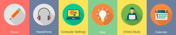 一套6教育图标作为铅笔，耳机，电脑设置图片下载