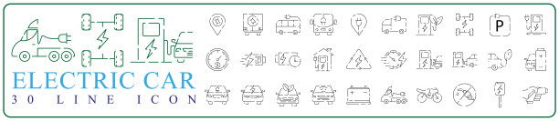 集电动汽车线条图标，绿色汽车图标标志设计矢量概念。混合动力汽车，插头充电，环保图片下载