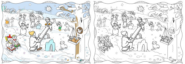 矢量圣诞横线着色页与可爱的家庭人物的孩子。黑白寒假插图与家庭，房子，雪人，动物。有趣的海报。颜色和黑色图片下载