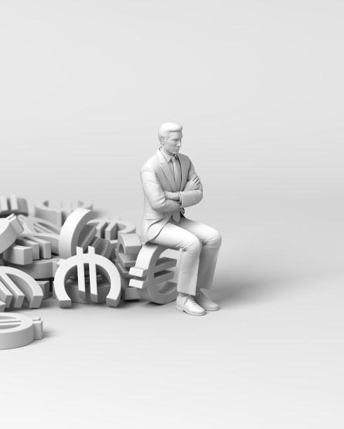 商人坐在欧元符号上思考图片下载